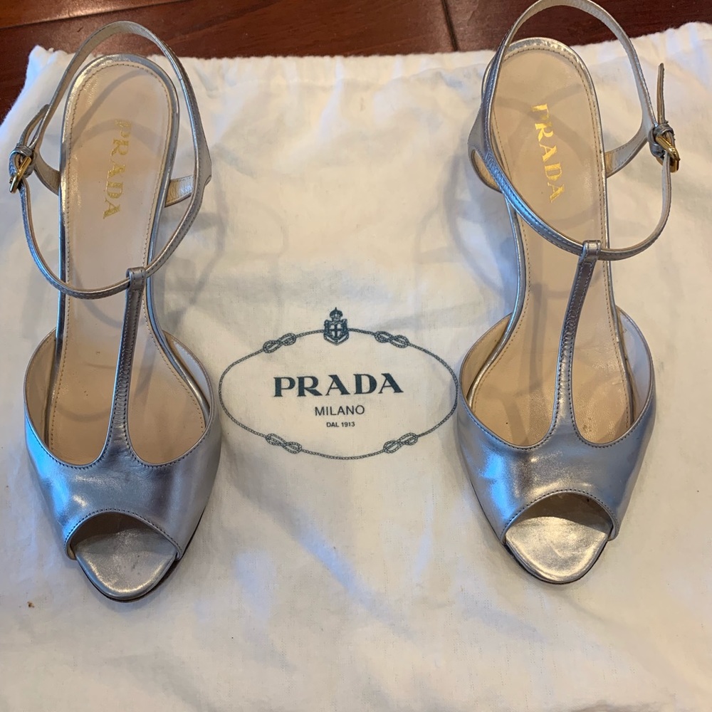 Prada peep toe Mary Jane metallic wedge sandals - Picture 3 of 8